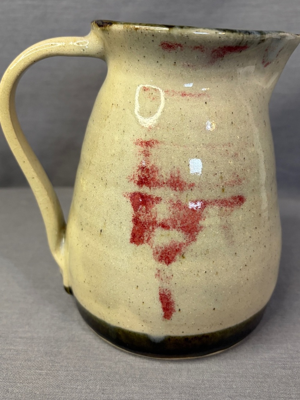 Art Pottery Pitcher Jug Vase Cream w/ Brown Speckles & Red Signed Stamped